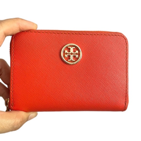 Tory Burch Orangish Red Leather Keychain Small Wallet - Picture 1 of 10